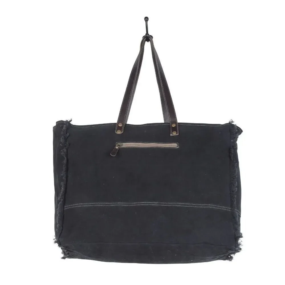 Myra Bag Handmade Jazz Weekender Bag Upcycled Canvas & Cowhide Leather